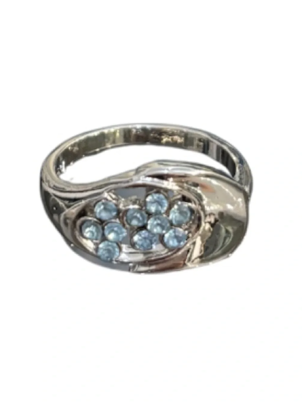 Aquamarine Blue Crystal Rhinestones Statement Ring Silver Facet Cluster Cocktail